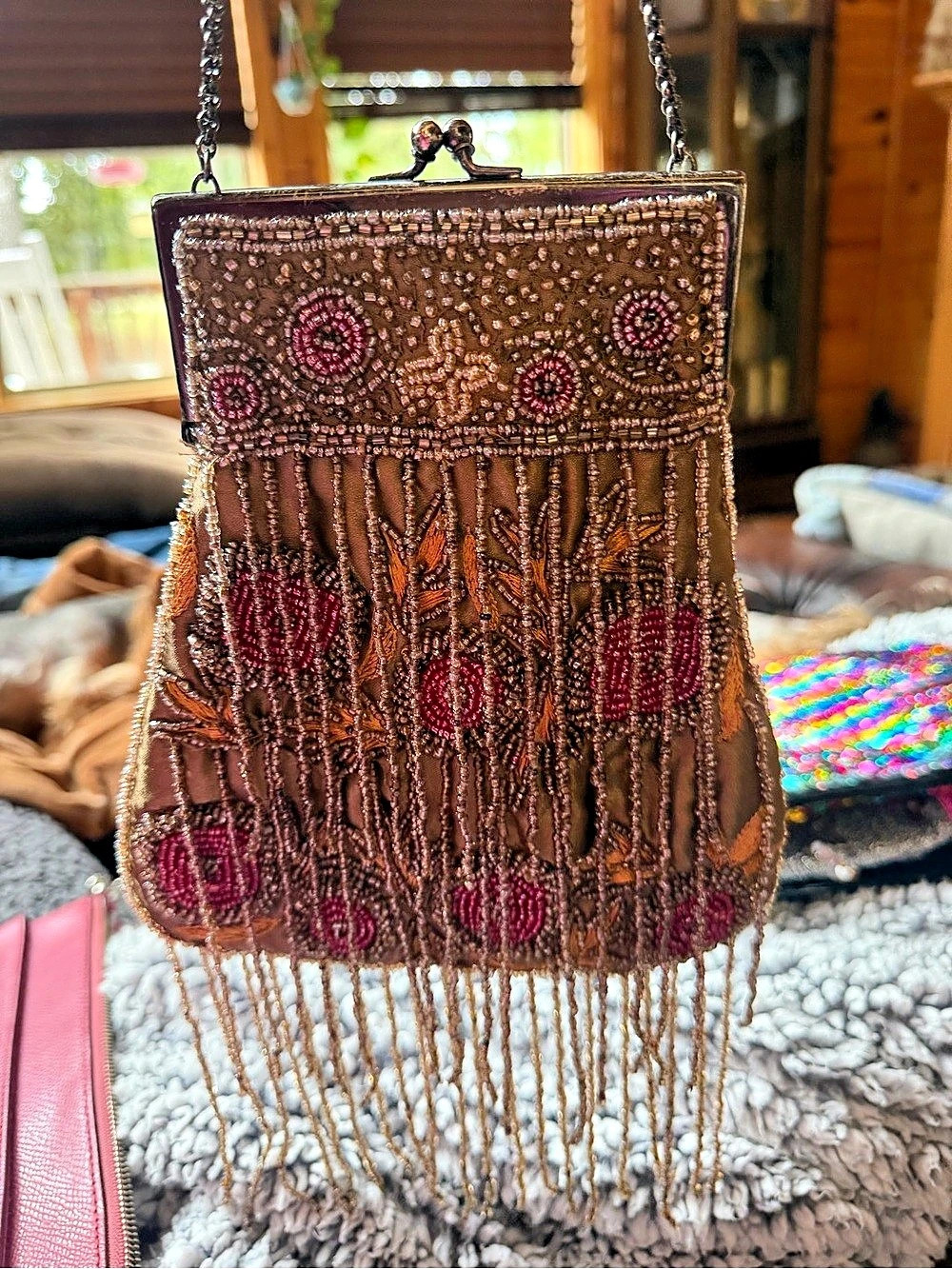 Beaded Fringe Clutch in Brown & Pink